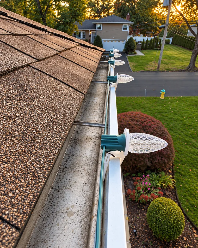 The same gutter cleared out and clean, with the holiday light clips still in place