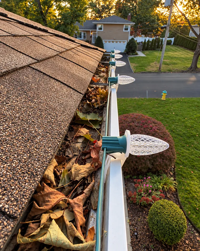 A gutter lined with holiday light clips, packed with fall leaves