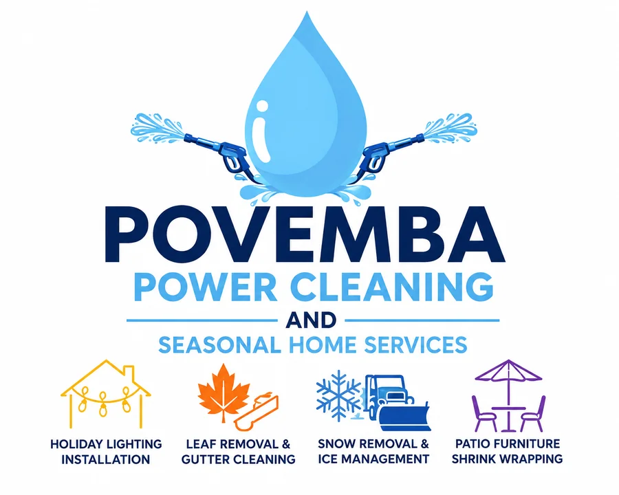 Povemba Power Cleaning and Seasonal Home Services logo, with icons for holiday lighting, leaf removal and gutter cleaning, snow removal, and patio furniture shrink wrapping