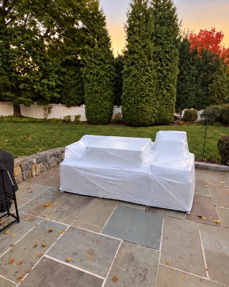 The same patio sofa set tightly shrink wrapped in white for winter